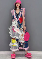 Vestido vaquero de algodón con estampado de tul y patchwork, asimétrico y sin mangas, de color azul arte