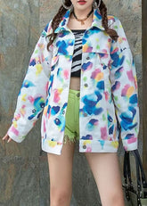 Art Blue Peter Pan Collar Zircon Print Patchwork Denim Coat