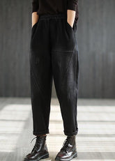 Schwarze elastische Taille dicke warme Fleece-Taschen Denim Haremshose Winter