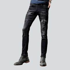 Black embroidery skinny men jeans
