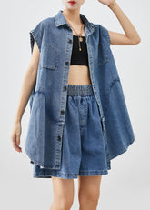 Bohemian Blue Oversized Patchwork Denim Zweiteiler Outfits Ärmellos