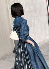 Boho Denim Blau Peter Pan Kragen Patchwork Gestreift Baumwolle Urlaub Kleid Armband Ärmel