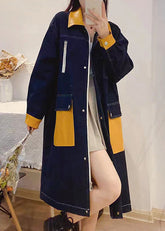 Gabardinas largas de lino con botones y cremallera de patchwork con cuello Peter Pan de mezclilla azul bohemio para otoño