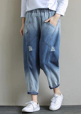Bohemian Denim Light Blue Trousers Oversize Elastic Waist Hole Work Pant