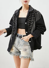 Boutique Schwarze Jeansjacken mit Quasten und Nieten für den Herbst