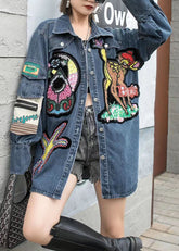 Boutique Blue Embroideried Zircon Nail Bead Patchwork Denim Coat