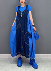 Schickes, blaues, übergroßes Patchwork-Trägerkleid aus Baumwolldenim