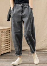 Pantalones harén de mezclilla de algodón con bolsillos y cintura elástica en gris chic