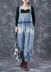 Edler, blauer, übergroßer Patchwork-Jeans-Jumpsuit