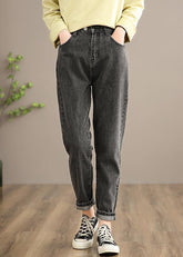 Edle schwarze Denimhose mit elastischer Taille, Fotografie, wilde Hose