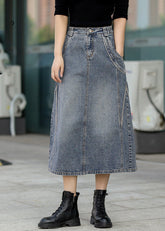 Edler Denimblauer Patchwork-A-Linien-Rock mit elastischer Taille