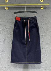 Edle Marineblaue Patchwork-Jeansröcke mit Kordelzug für den Herbst