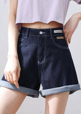 Edle, marineblaue Jeansshorts aus Baumwolle mit hoher Taille, Taschen und Applikationen