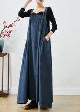 Edle Marineblaue Oversize-Jeanskleider mit extra großem Saum und Trägern für den Herbst