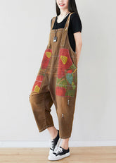 Schokoladenbraune Jumpsuit-Hose mit Patchwork-Print und zerrissenem Denim