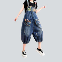 Color block print denim romper