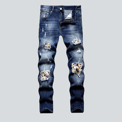 Color print patchwork biker jeans