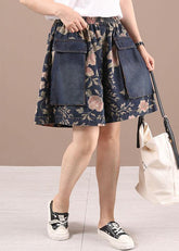 Bequeme blau-rosa Hotpants High Waist Floral Denim Pants