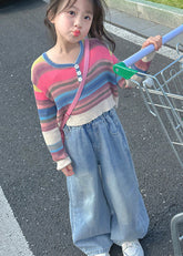 Cute Striped O Neck Cotton Tops And Denim Pants Baby Girls Two Pieces Set Fall