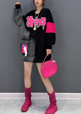 Sudadera vaquera con cuello redondo y estampado de letras negras, hecha a mano, para otoño