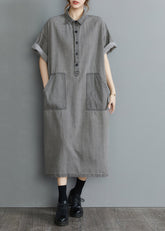 DIY Grey Oversized Pockets Side Open Denim Vacation Dress