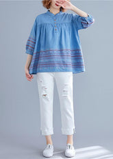 Blusa bordada con cuello alto para camisa de algodón azul denim DIY