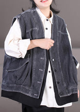 Chaleco vaquero de dos piezas con cuello en V y botones de patchwork en gris oscuro sin mangas