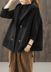 Denim Black Waistcoat 2021 Autumn Loose Large Size Tooling Double Breasted Hooded Vest