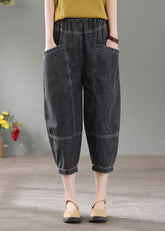 Denim Grey Patchwork Cotton Crop Pants High Waist Pockets