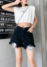 Denim black shorts's thin section large size hole high waist pants