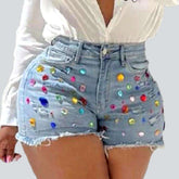 Jeansshorts mit Strasssteinen in Used-Farben