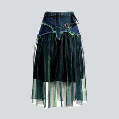 Distressed pleated denim skirt