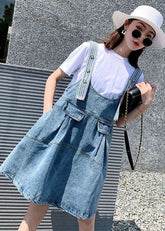Diy Blue Oversized Patchwork Denim Strap Dress Two Piece Set Clothing