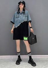 Diy Blue Peter Pan Collar asymmetrical Denim Patchwork Button Pockets Dress Short Sleeve
