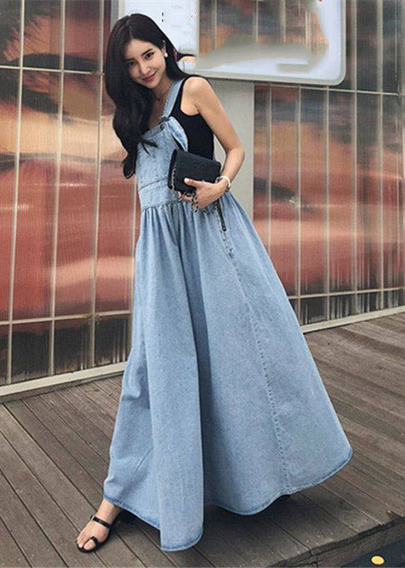 diy denim dress Diy Blue Slash Neck Wrinkled Pockets Denim Dress Sleeveless Rae Jeans