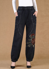 Elegant Black Grey Elastic Waist Embroideried Pockets Cotton Denim Lantern Pants