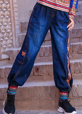 Elegant Blue High Waist Print Cotton Denim Beam Pants