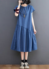 Elegant Blue O-Neck Patchwork Silk Denim Maxi Dress
