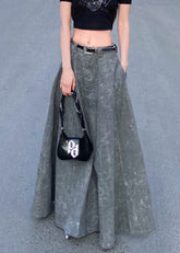 Elegant Grey Pockets High Waist Patchwork Denim Maxi Skirts