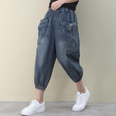 Elegant dark denim blue trousers pockets Cotton shorts