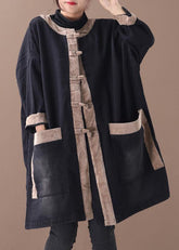 Elegant hooded Chinese Button clothes denim black patchwork khaki Plus Size Clothing coats