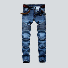 Embroidered blue moto men jeans