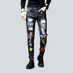 Bestickte Destroyed Skinny Herrenjeans