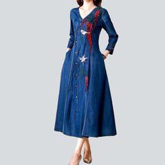 Embroidered v-neck ladies denim dress