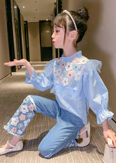 Blue Floral Ruffled Cotton Tops And Denim Pants Baby Girls Two Pieces Set Fall