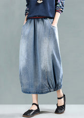 Light Blue Elastic Waist Pockets Cotton Denim Skirt
