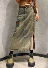 Photo Color Side Open Patchwork Tasseled Denim Skirt