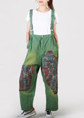 Fine Green Pockets Print Denim Carpenter Pants