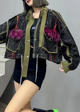 Fine Green Pockets Zip Up Sequins Patchwork Denim Short Coat