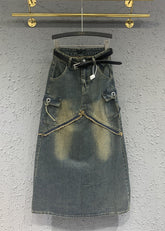 Fitted Blue High Waist Design Pockets Patchwork Denim Skirts Fall